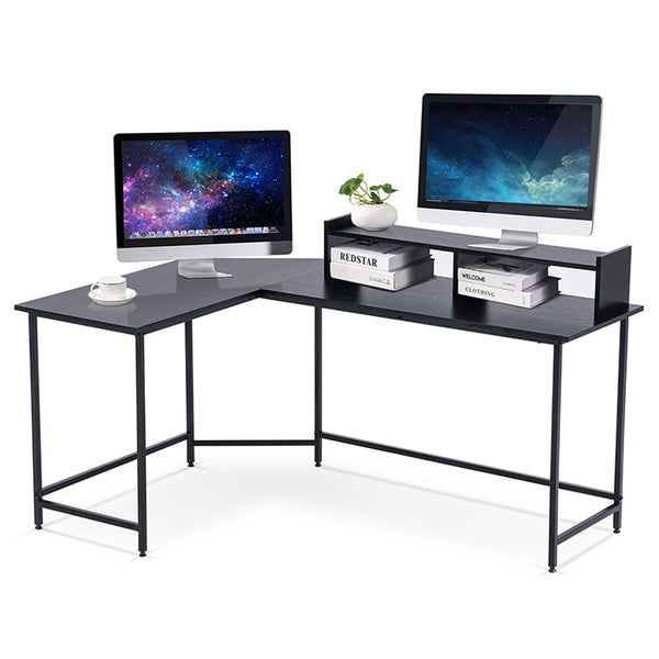 NewvalueモダンL字型コンピュータデスク オフィスデスク モニタースタンド付きコーナーデスク ホームオフィス ライティングテーブル ワークステーション 省スペース ゲームデスク 6404